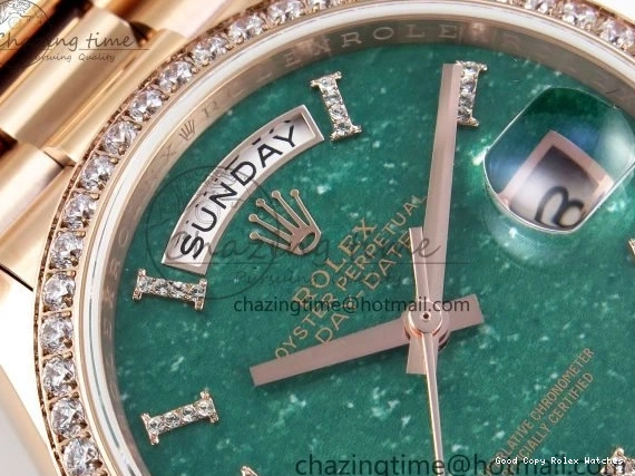 Good Copy Rolex Watches Edition RG on TWSF 36 Diamonds Diamonds Date Bezel Day SmartChoice Green 1608 Best Dial Roman RG A Bracelet 0114